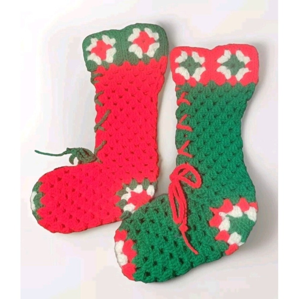 Pair of Vintage Hand Crochet Christmas Stockings Red Green Granny Square